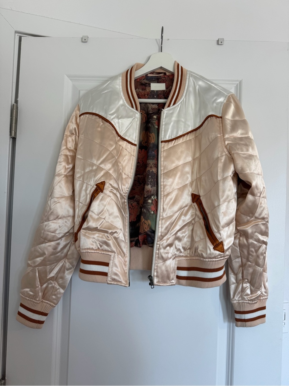MOTHER Satin Quilted Bomber Jacket in Blush and White with Brown Trim